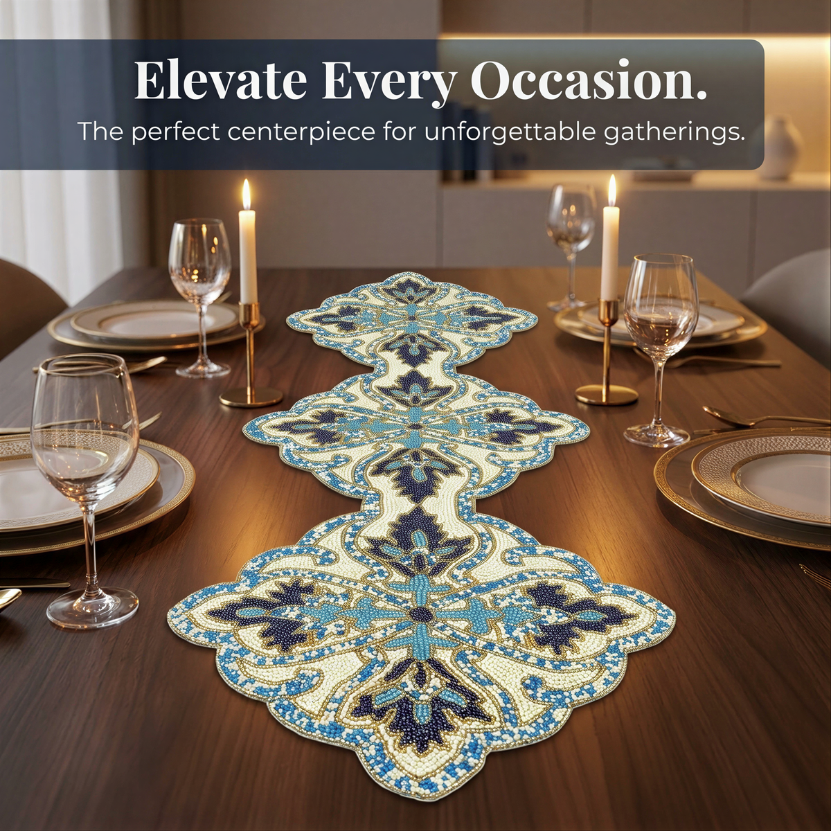 a table setting with a decorative centerpiece, including a candle holder, plates, and wine glasses.