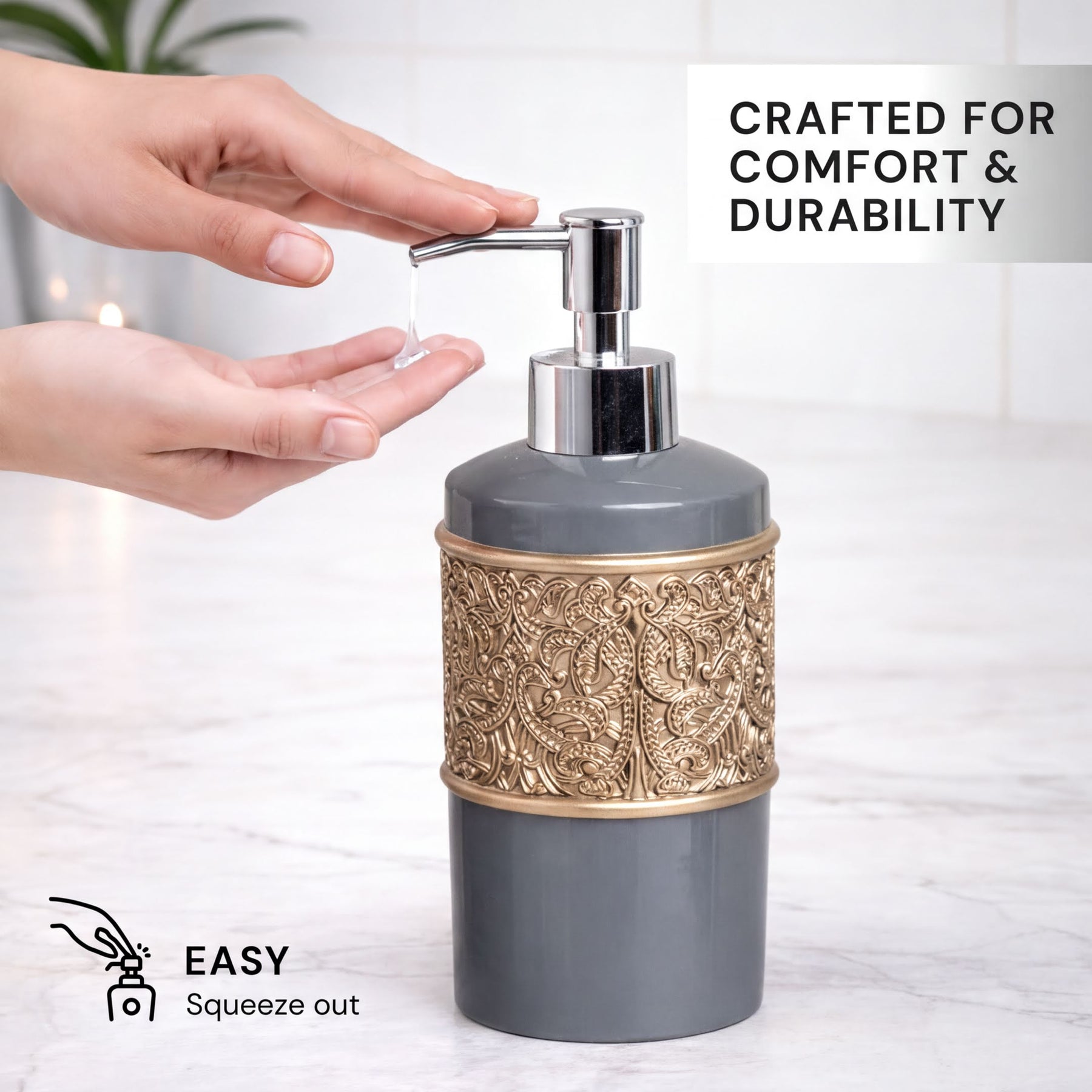 Set of six elegant modern bathroom décor accessories from the Fionola Collection by AH8315, including soap dispensers and holders.