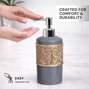 Set of six elegant modern bathroom décor accessories from the Fionola Collection by AH8315, including soap dispensers and holders.