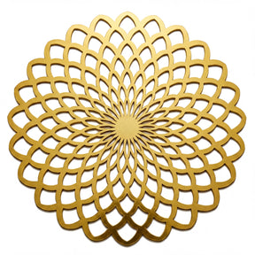 a gold-colored, circular pattern with a repeating geometric design.