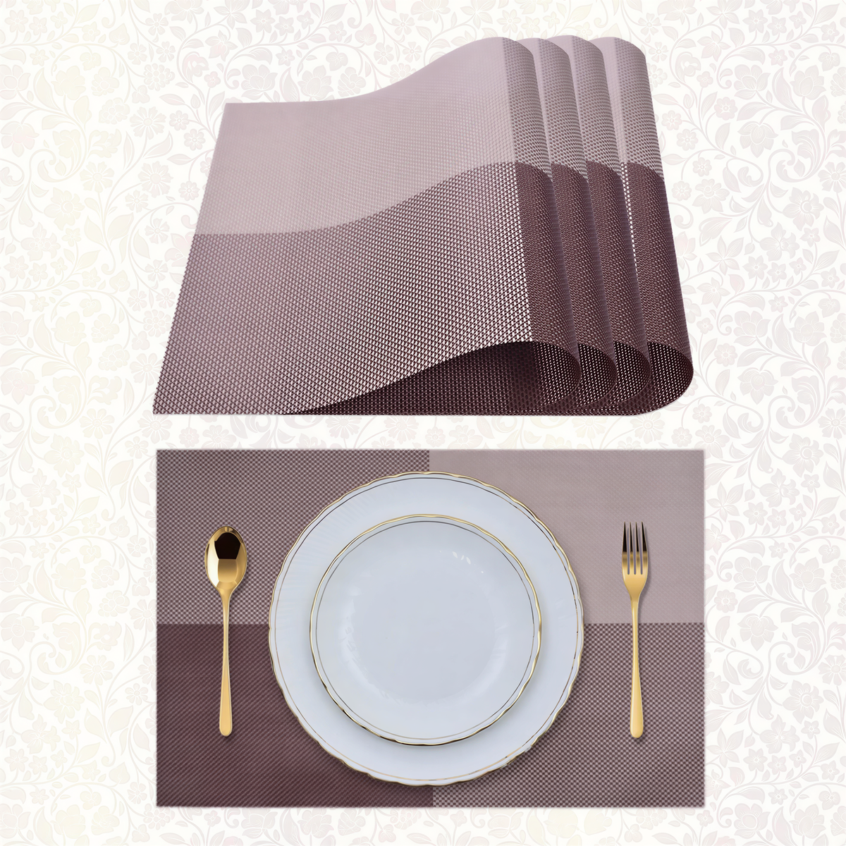 Set of four PVC Louvre placemats, heat-resistant table protectors for kitchen decor, featuring modern geometric design.