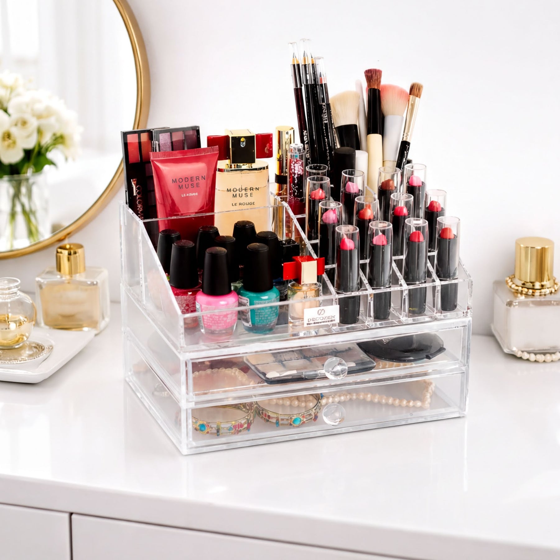 F2503 clear makeup organizer with 19 slots and 2 drawers, perfect for storing cosmetics and beauty supplies.