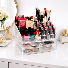 F2503 clear makeup organizer with 19 slots and 2 drawers, perfect for storing cosmetics and beauty supplies.