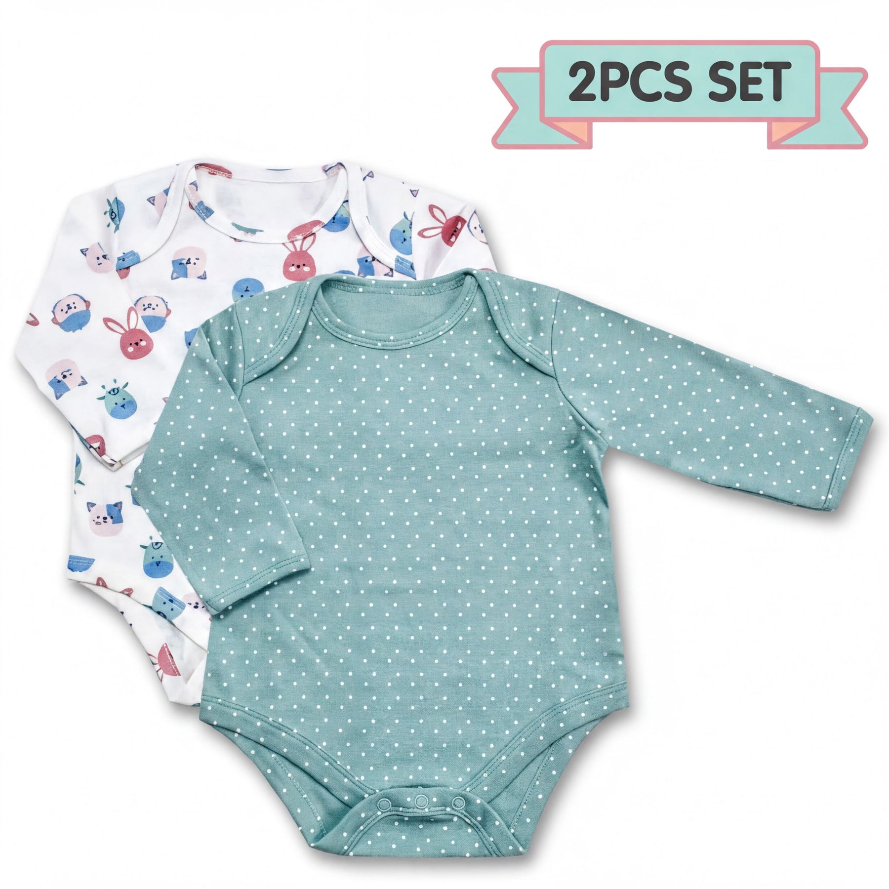 a set of two baby onesies, one with a polka dot pattern and the other with a solid color.