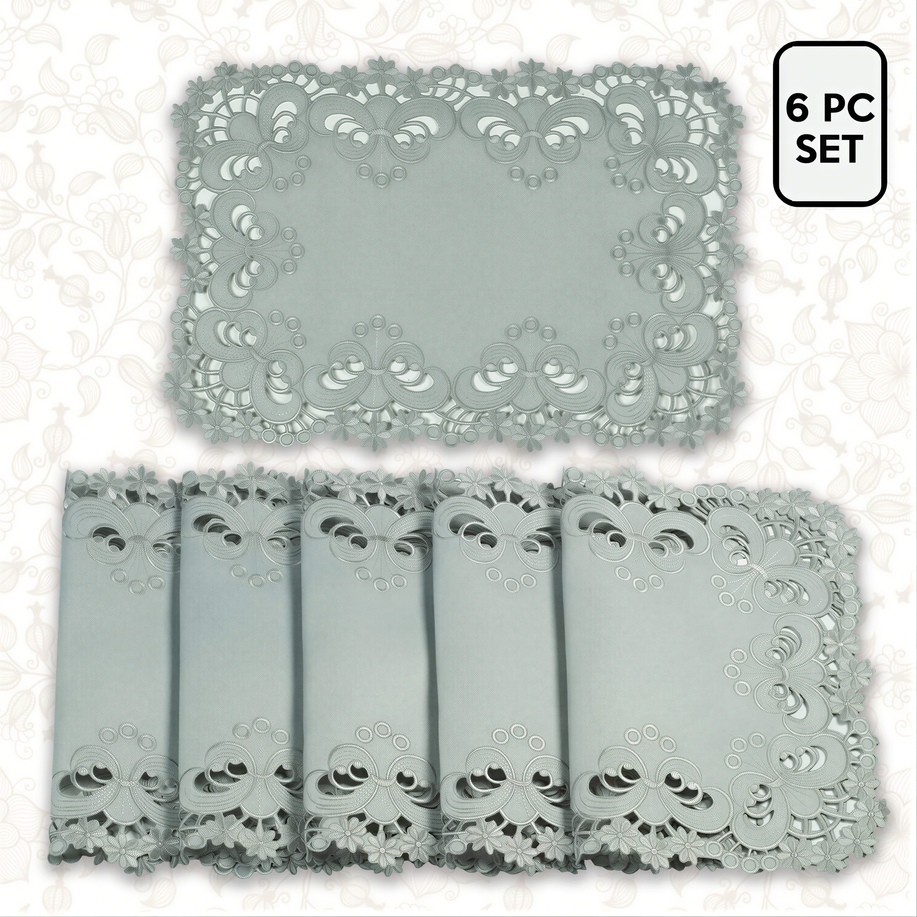Set of six linen placemats from The Creola Collection featuring European embroidery, by FL3412-PM.