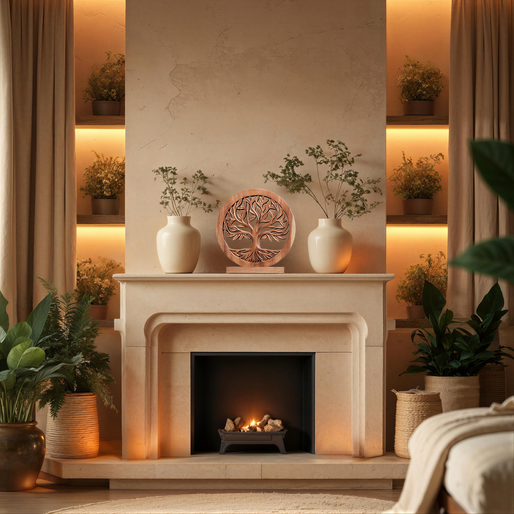 a cozy living room with a fireplace, a mantelpiece, and various decorative elements such as vases and potted plants.