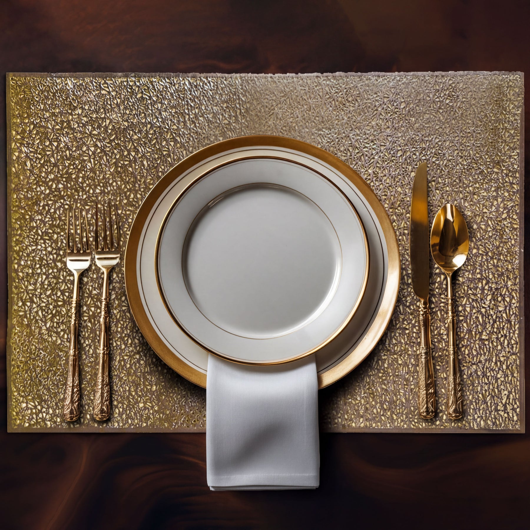 Set of six gold PVC cut-out placemats with intricate designs, perfect for protecting tables and adding style.