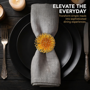 a table setting with a black plate, a silver fork, a knife, and a napkin ring with a decorative flower. The text overlay encourages elevating everyday dining experiences by transforming simple meals into sophisticated dining experiences.