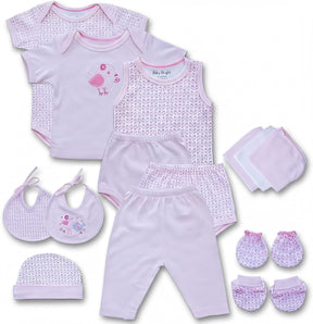 A collection of pink baby clothing and accessories, including onesies, bibs, hats, and mittens, arranged on a white background.