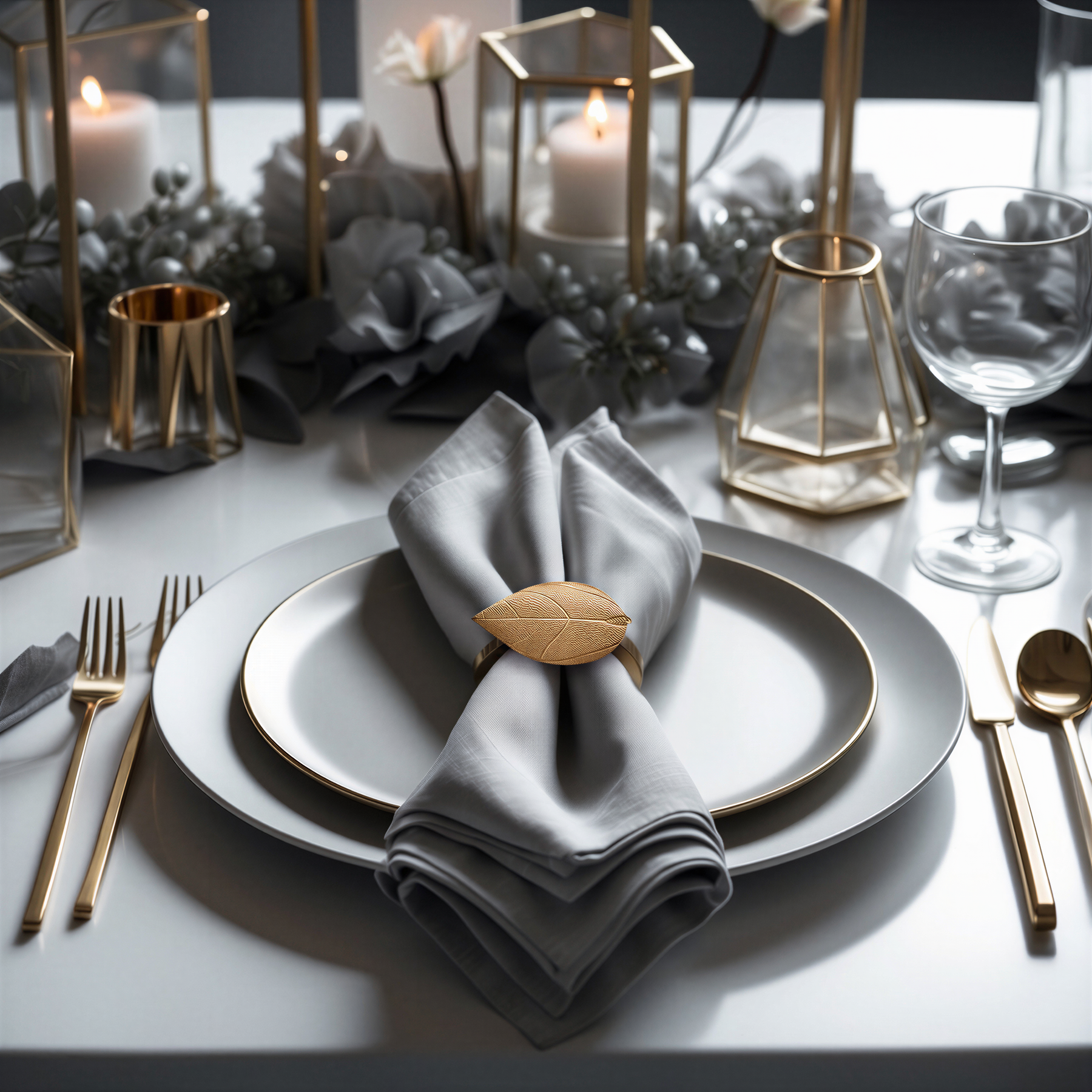 a beautifully set dining table with a white plate, a napkin ring, and various tableware items such as a wine glass, a fork, a knife, and a spoon. The table is adorned with candles, flowers, and other decorative elements, creating an elegant and inviting atmosphere.