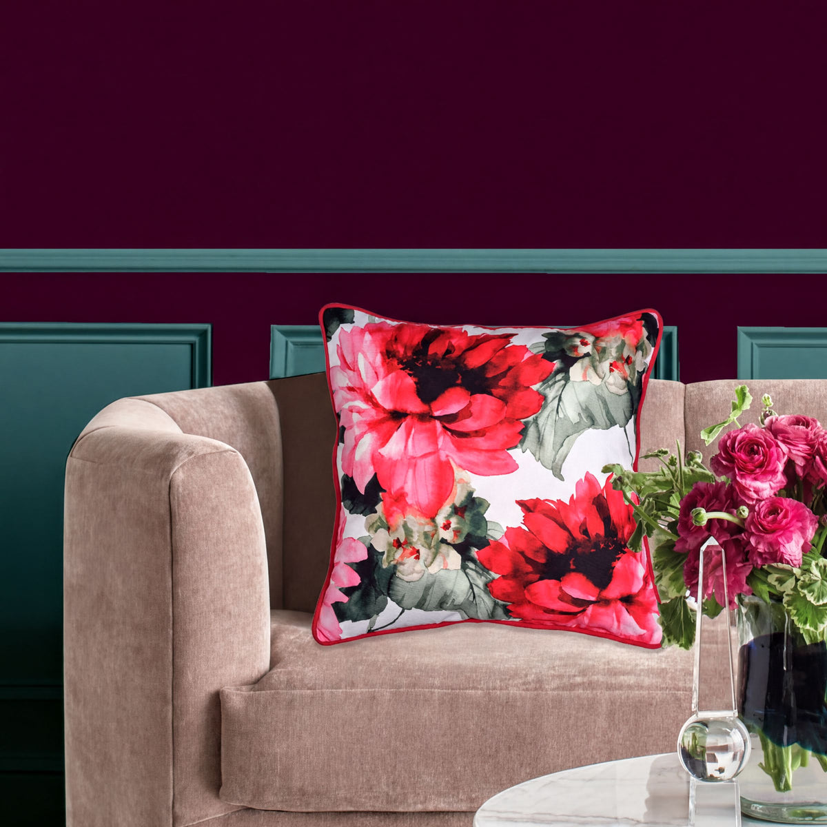 Set of four floral printed throw pillow covers, 22x22 inches, in vibrant fabric with colorful floral designs.