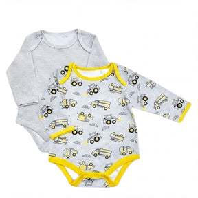 two baby onesies, one with a gray and yellow truck pattern and the other with a striped pattern.