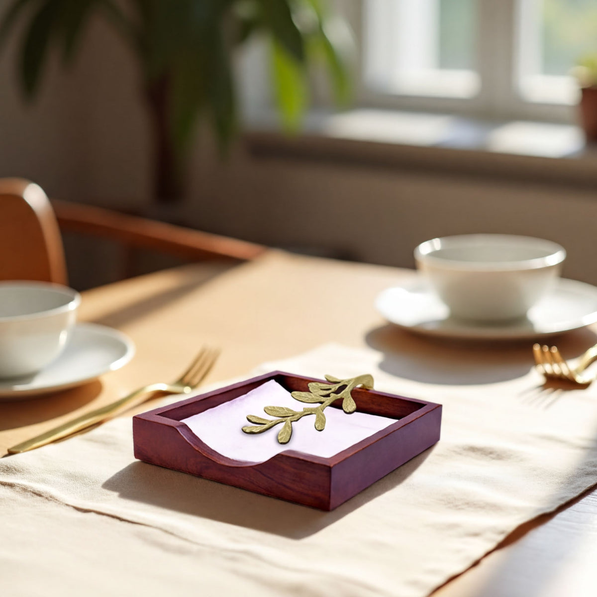 Solid wood napkin holder with gold finish ornament, stylish napkin dispenser for elegant table settings.
