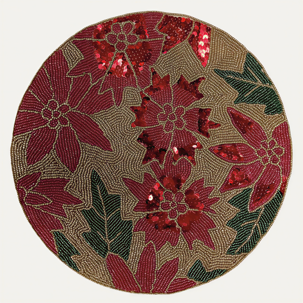 Crimson Cheer festive beaded placemat by PM, embroidered beaded design, 14-inch decorative dining table accent, luxurious and colorful.