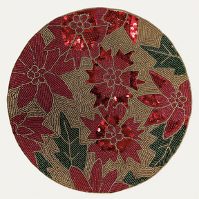 Crimson Cheer festive beaded placemat by PM, embroidered beaded design, 14-inch decorative dining table accent, luxurious and colorful.