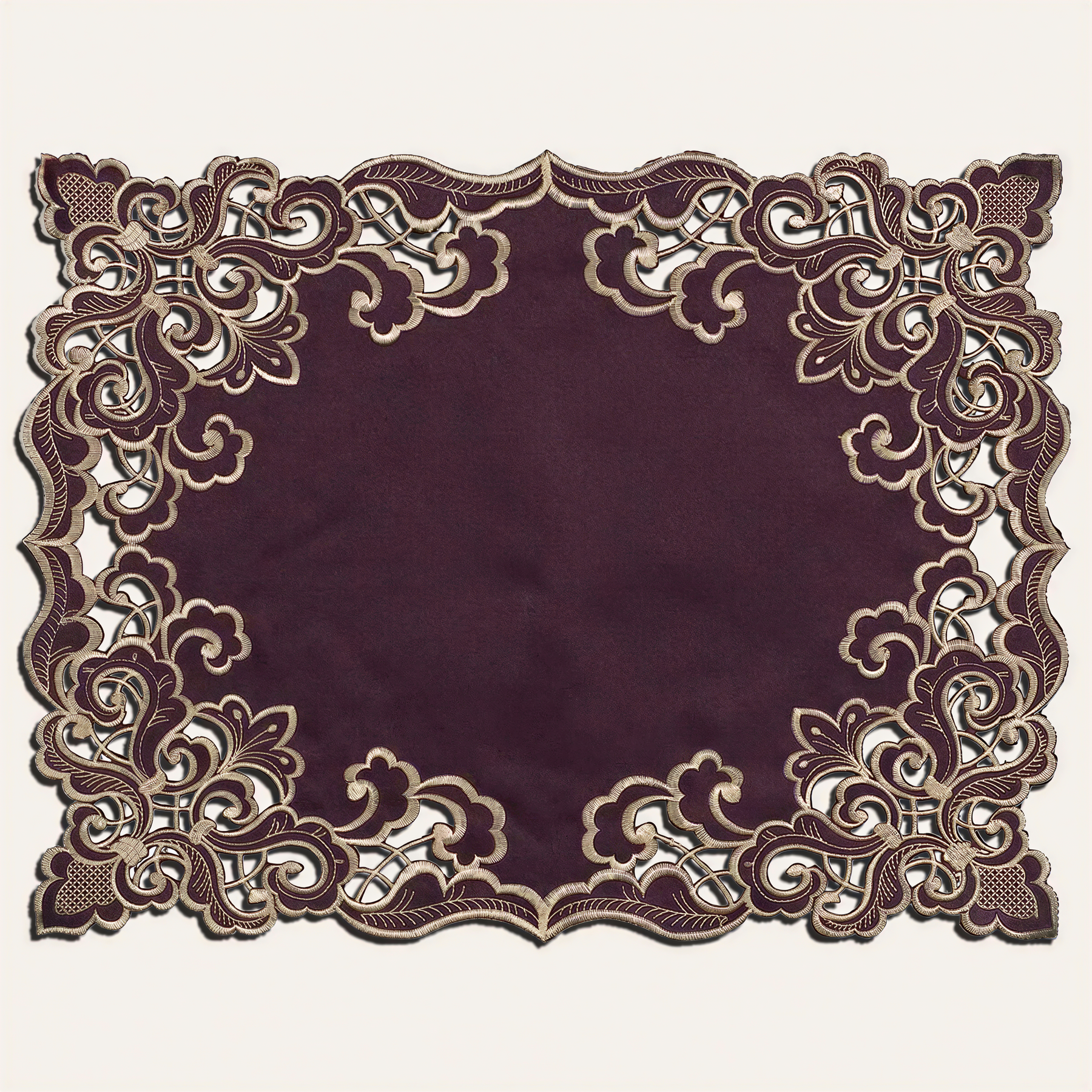 Set of four Amethyst Haze Plum Gold table placemats from RIZ-006-PM Granada Collection, artistic 12x18 inch dining décor.