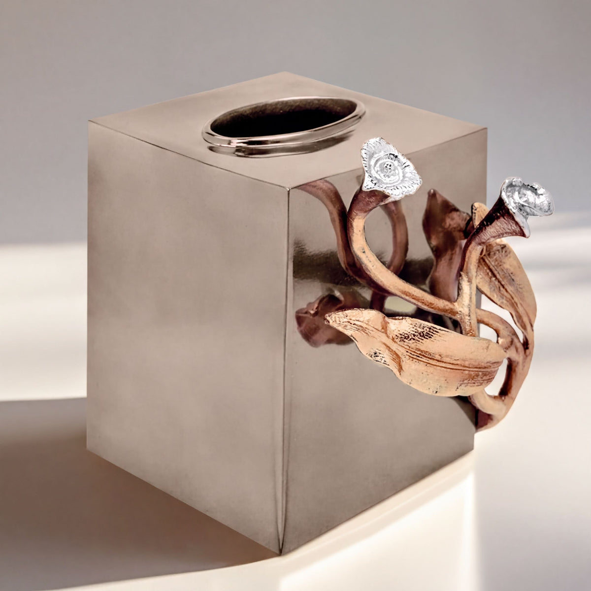 Handmade Calla Grace floral tissue box cover, artistic bath decor with elegant floral design, by brand 618182.