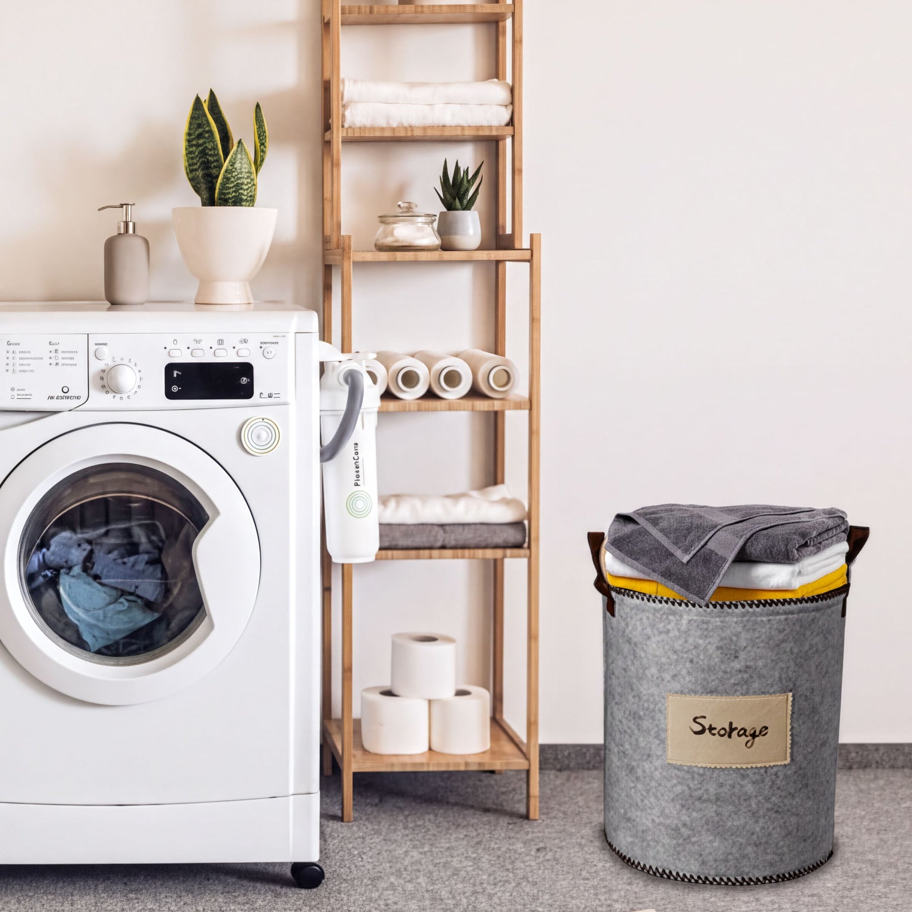 Set of three gray felt laundry hampers and storage bins by 4629, featuring soft handles and spacious interior for laundry organization.