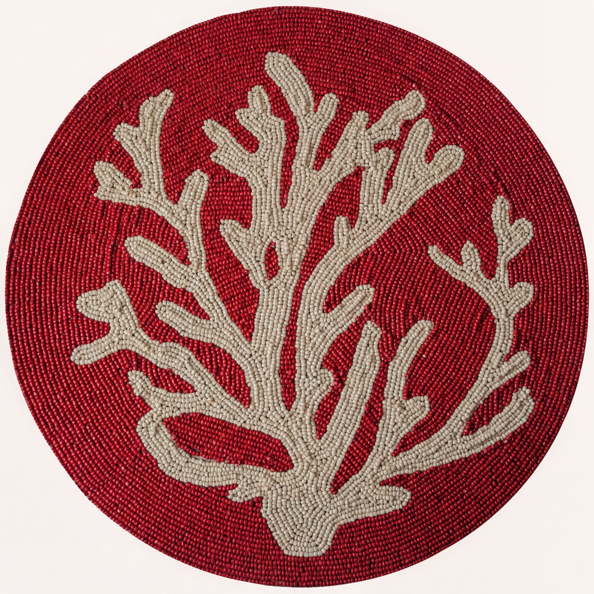 Set of two Radiant Charm embroidered beaded placemats in stylish red, 14-inch decorative table décor for elegant dining.