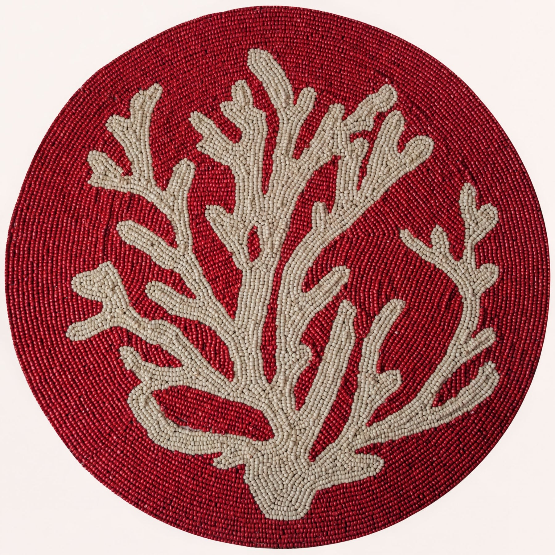 Set of two Radiant Charm embroidered beaded placemats in stylish red, 14-inch decorative table décor for elegant dining.