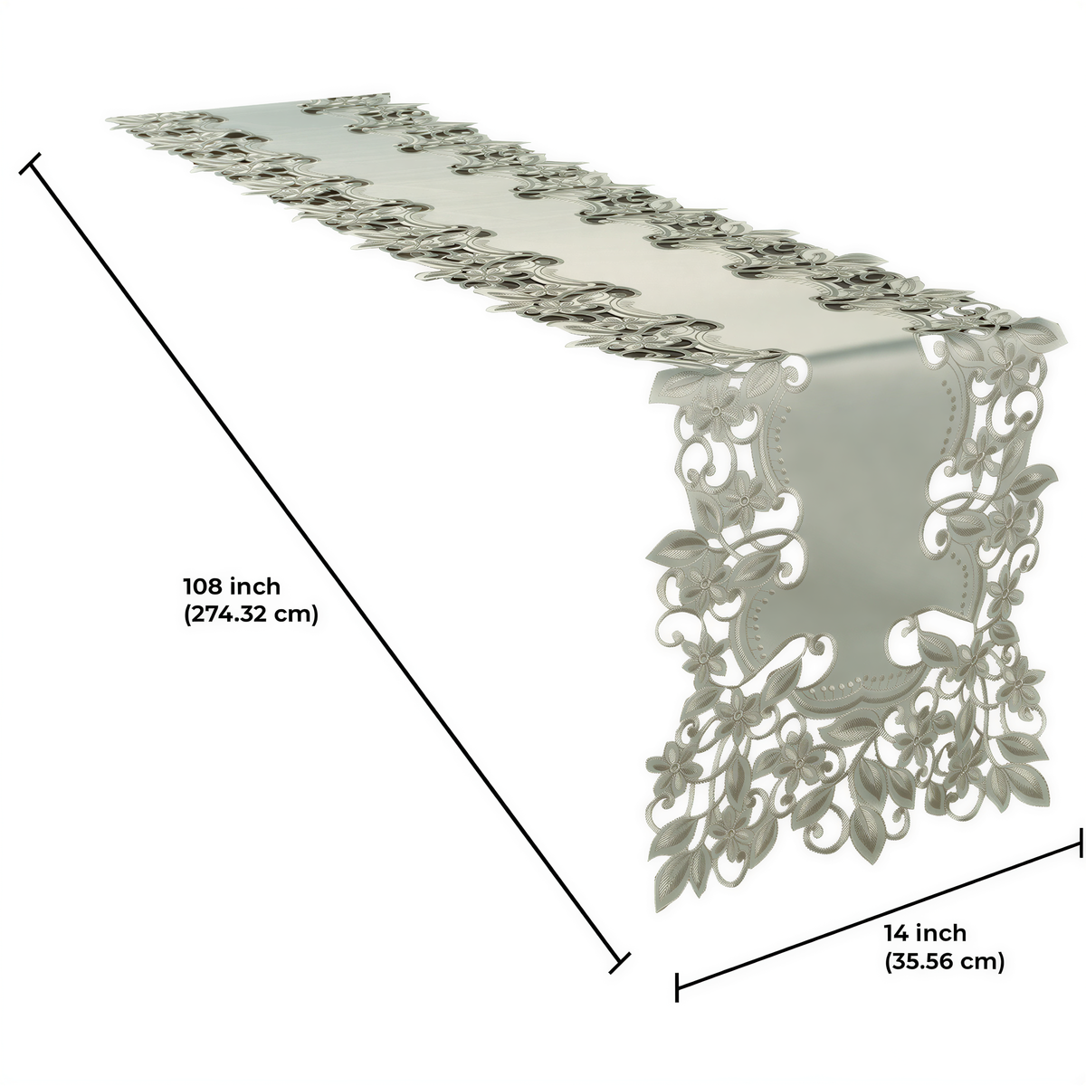 a decorative table runner with a floral pattern. The runner is described as having a floral design and measuring approximately 108 inches in length, with a width of approximately (274.32 cm) and a height of approximately (35.56 cm).