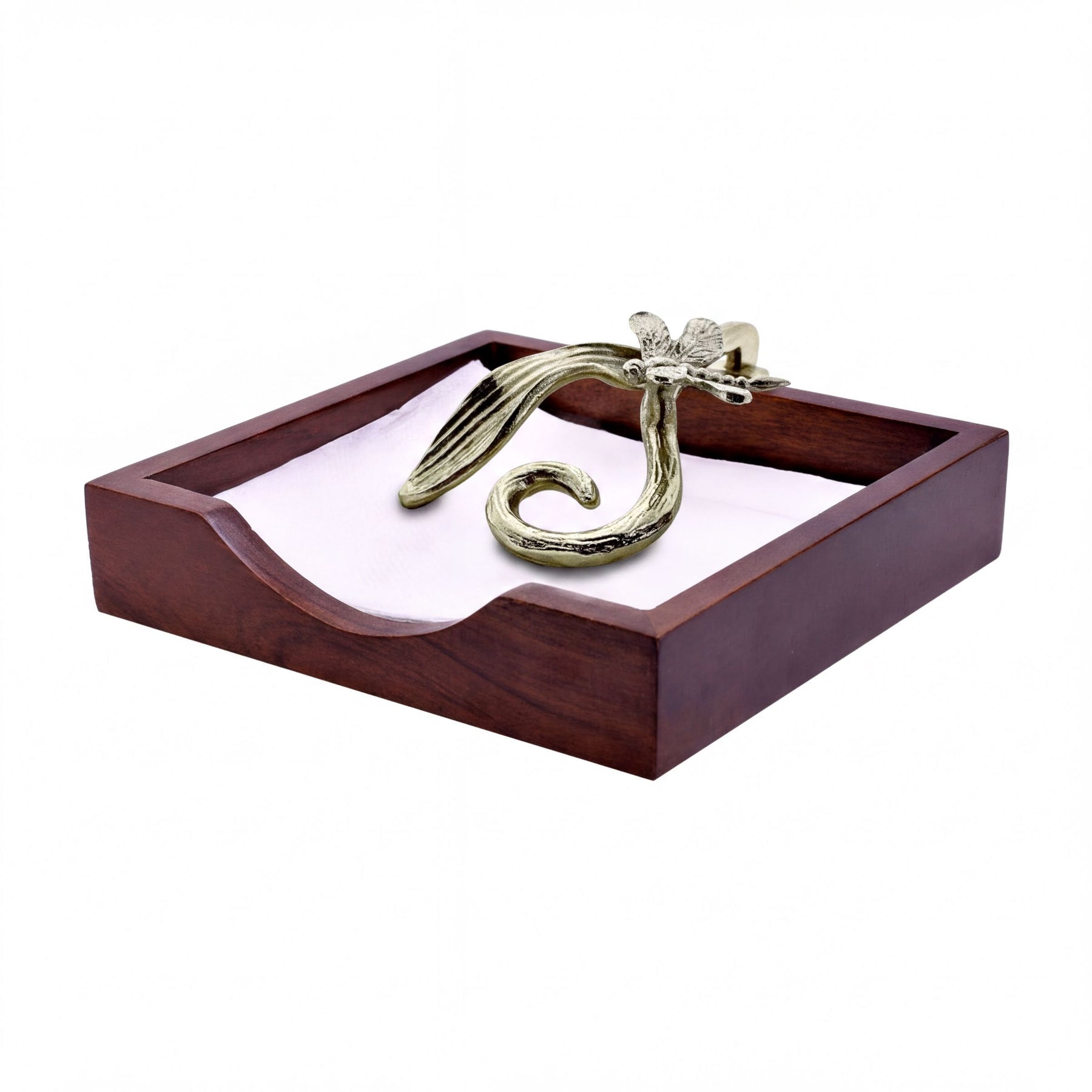 Solid wood napkin holder with silver and gold finish ornament, elegant design for napkin storage and table decor.
