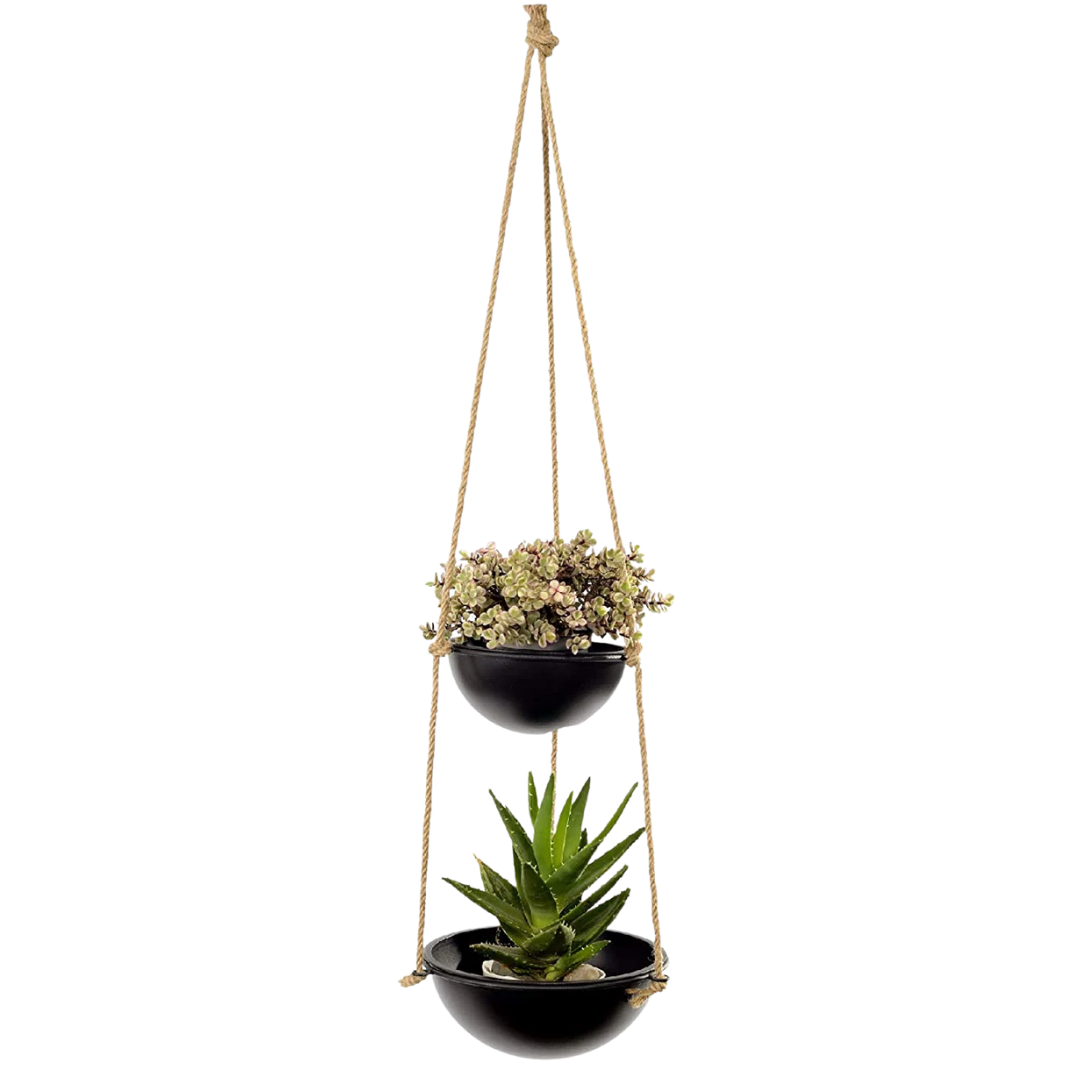 Hanging planter with two pots in black, featuring a durable metal frame and stylish design for indoor or outdoor use