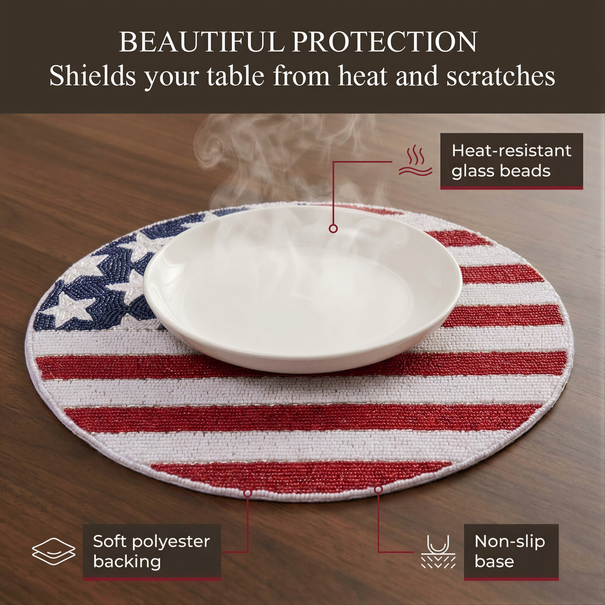 a table with a white bowl placed on a round placemat that has a design resembling the American flag. The placemat has a protective layer on it, which is described as "Beautiful Protection" and "Non-slip base".