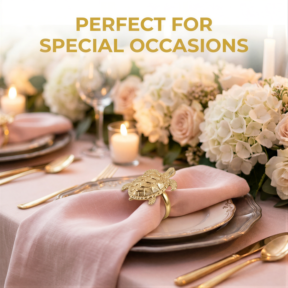 a beautifully set table with a pink napkin, goldware, and a floral centerpiece. The text overlay reads "Perfect for special occasions".
