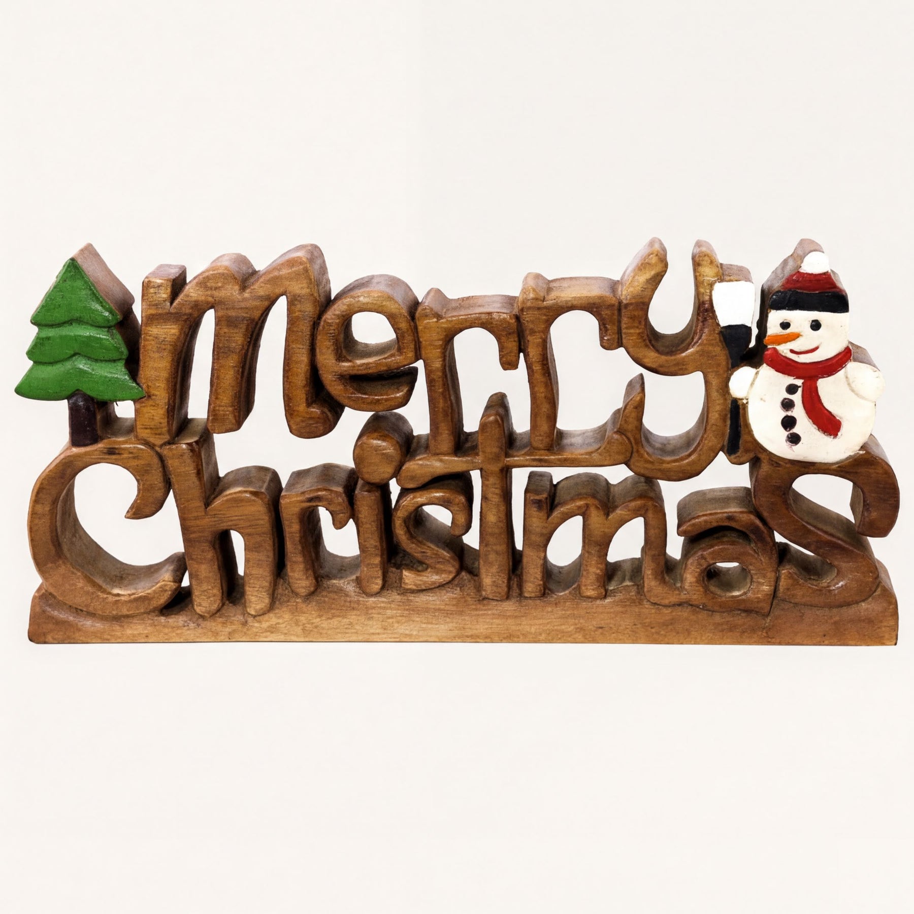 Handmade wooden Yuletide Charm sculpture, artistic Christmas home decor, showcasing intricate wooden craftsmanship.
