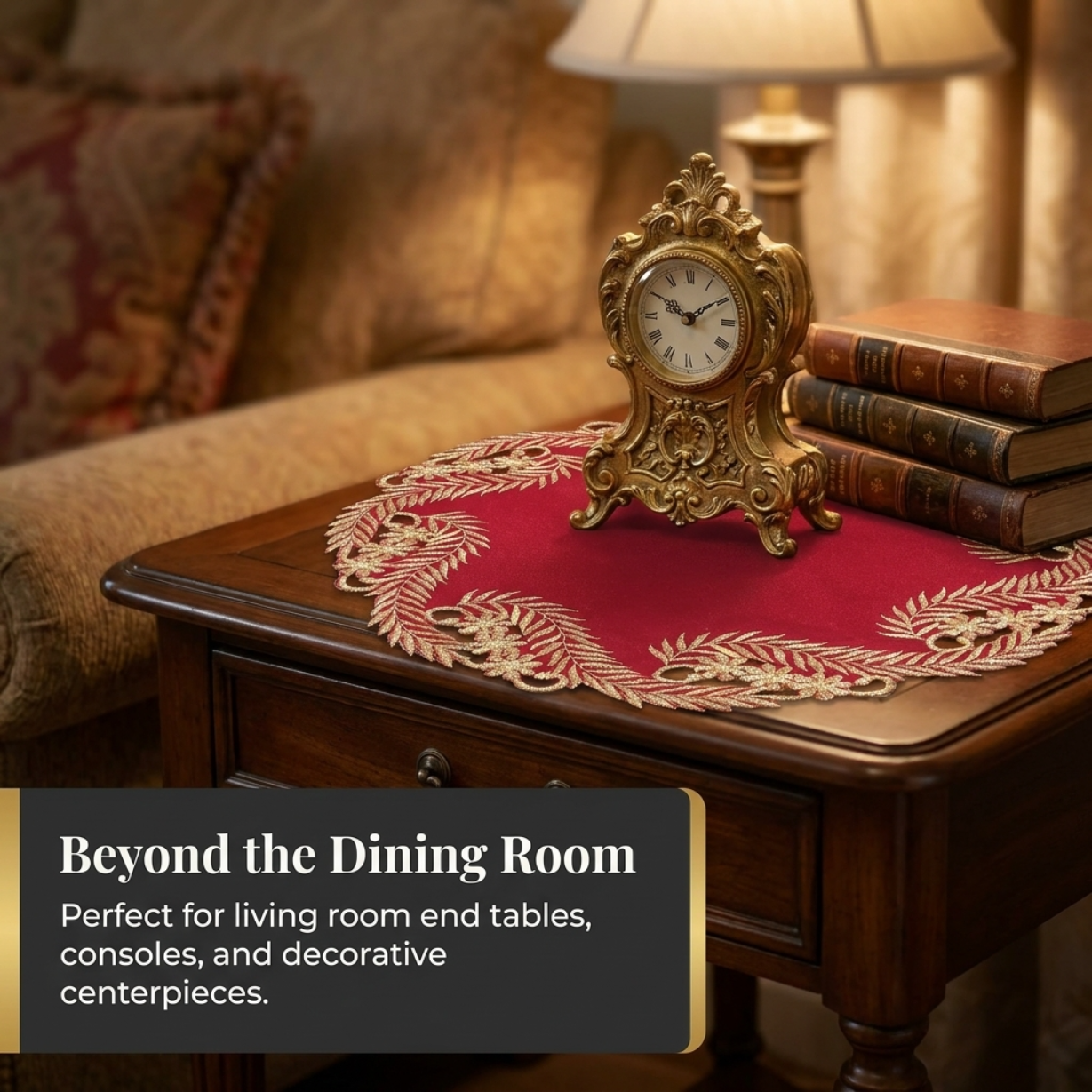 Set of Burgundy gold modern doilies from Wine Grace Anyce Collection, 15-inch RIZ-011-DL table décor for elegant dining.
