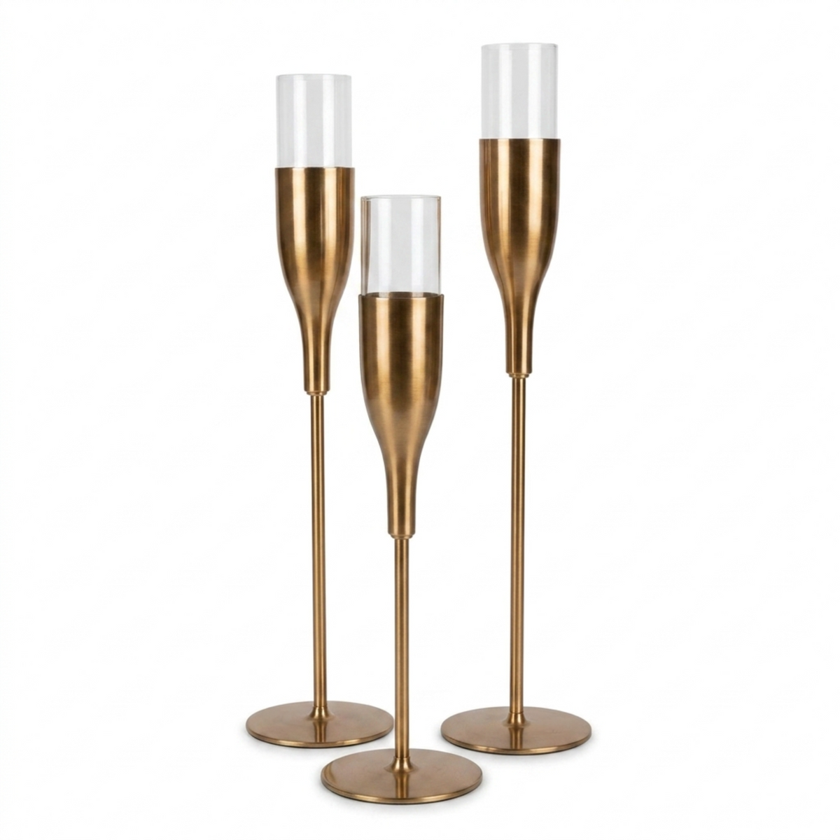 Gold Candle Holder - Wine Glass Flute Set of 3 Elegant Indoor Decor