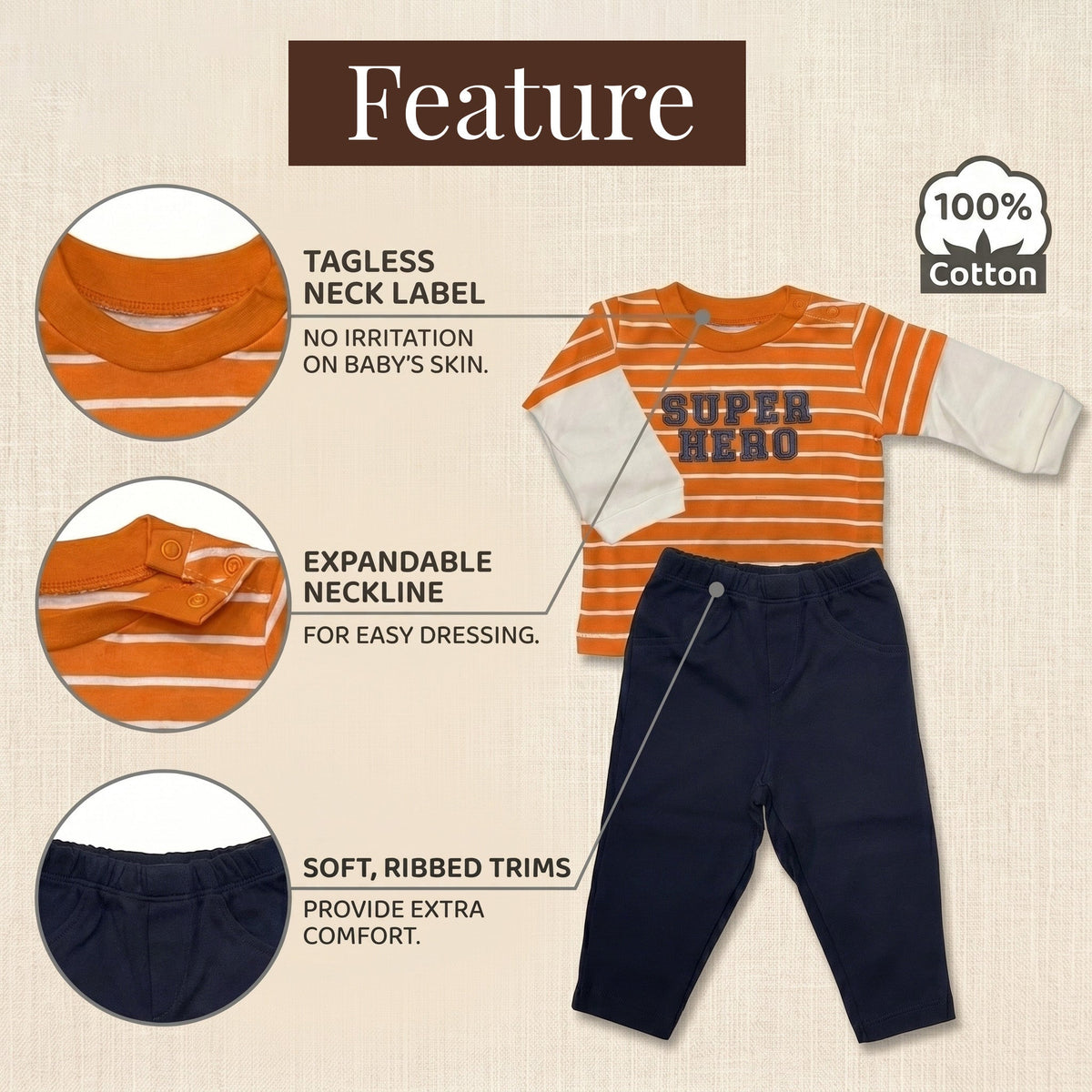 The image is a feature image of a striped shirt and pants, highlighting their key features such as the tagless neck label, expandable neckline, soft ribbed trims, and 100% cotton fabric.