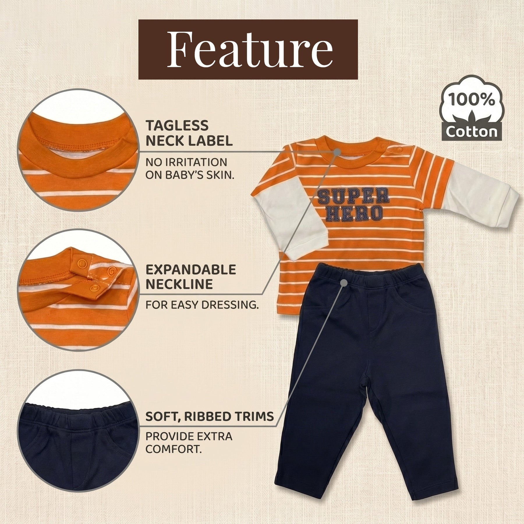The image is a feature image of a striped shirt and pants, highlighting their key features such as the tagless neck label, expandable neckline, soft ribbed trims, and 100% cotton fabric.