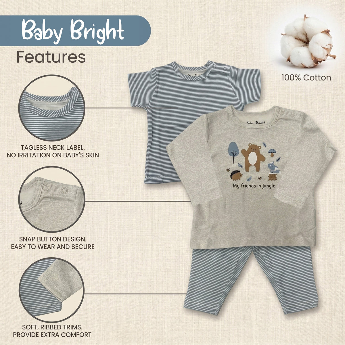 The image is a collage of two baby clothing items, a gray and white striped shirt and a gray and white striped pajama set, along with a close-up view of the clothing. The image also includes text that provides details about the clothing, such as the tagless neck label, 100% cotton, snap button design, soft ribbed trim, and the phrase "My friends in jungle".