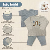 The image is a collage of two baby clothing items, a gray and white striped shirt and a gray and white striped pajama set, along with a close-up view of the clothing. The image also includes text that provides details about the clothing, such as the tagless neck label, 100% cotton, snap button design, soft ribbed trim, and the phrase "My friends in jungle".