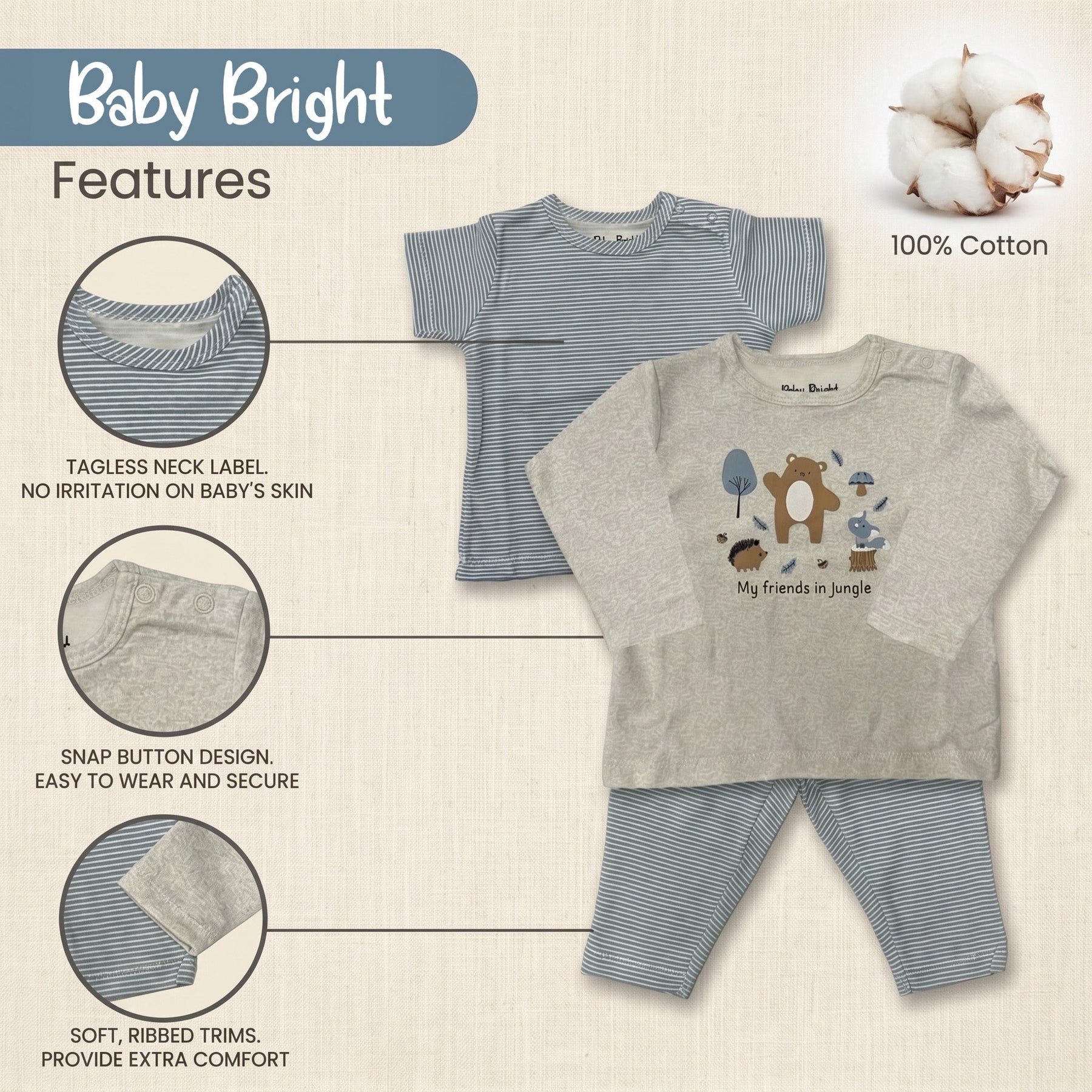The image is a collage of two baby clothing items, a gray and white striped shirt and a gray and white striped pajama set, along with a close-up view of the clothing. The image also includes text that provides details about the clothing, such as the tagless neck label, 100% cotton, snap button design, soft ribbed trim, and the phrase "My friends in jungle".