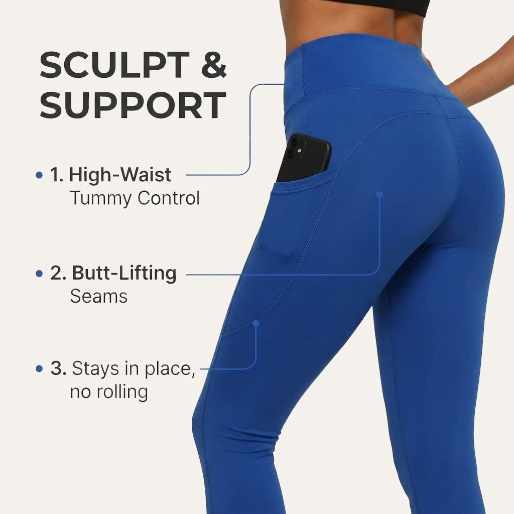 Yogazen Women's High-Waist Seamless Leggings with Side Pockets – Blue
