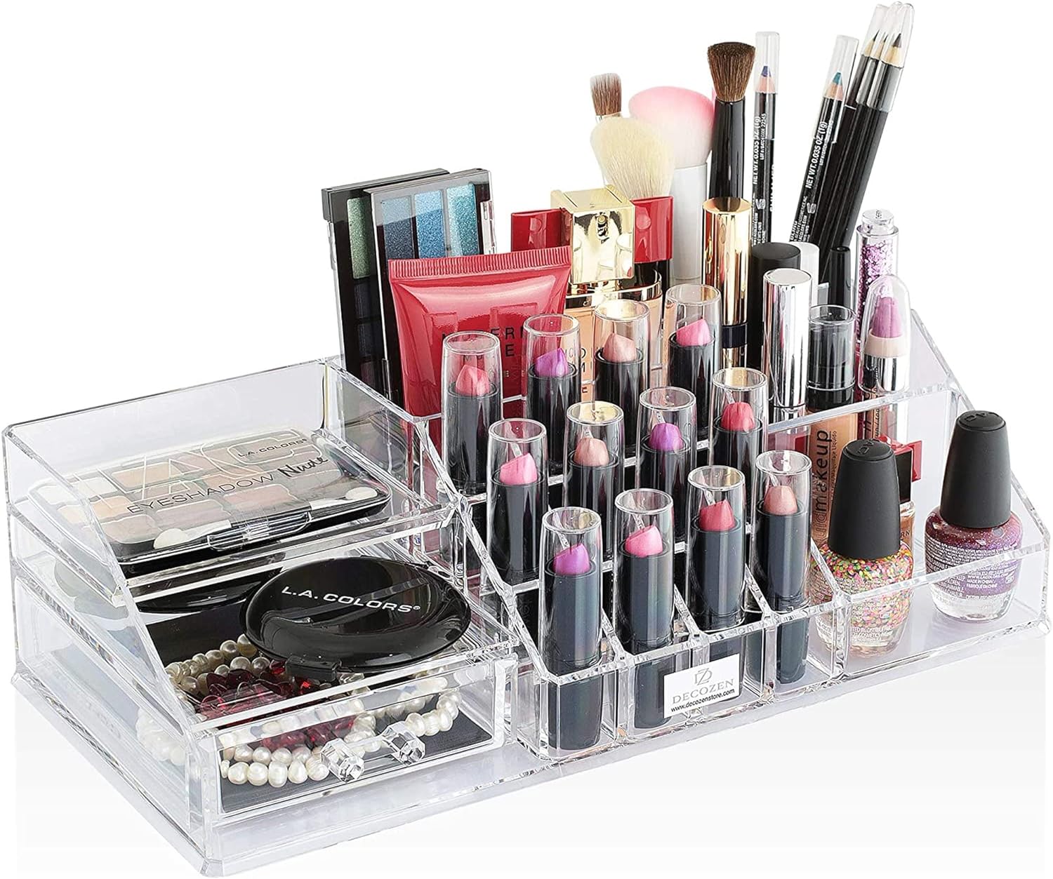 Clear F1215 makeup organizer with 19 slots and 1 drawer for cosmetics storage, showing its transparent design and multiple compartments.