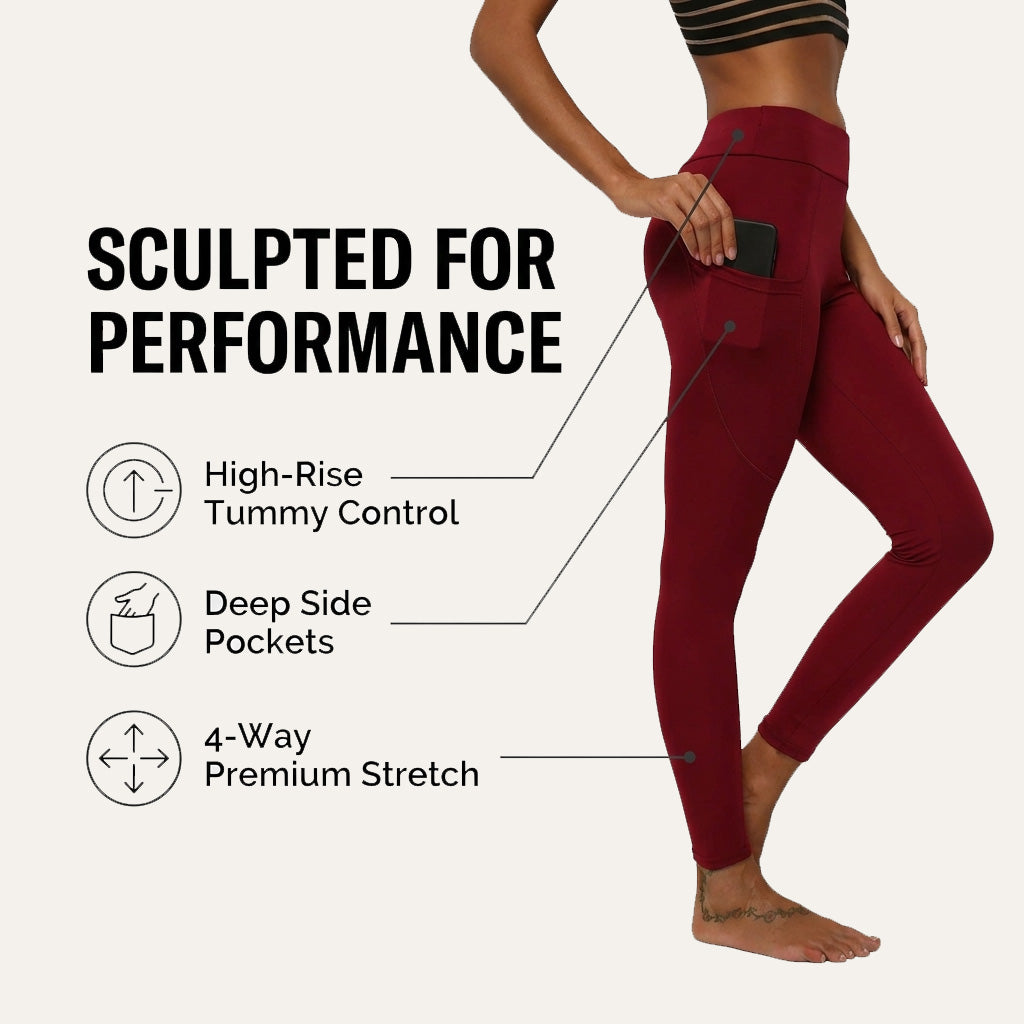 Yogazen Women's High-Waist Seamless Leggings with Side Pockets – Maroon