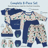 The image is a collage of various baby clothing items, including a blue onesie, a blue bodysuit, a hat, mittens, booties, and a t-shirt, all arranged to show the complete set of clothing needed for the first three months of a baby's life.