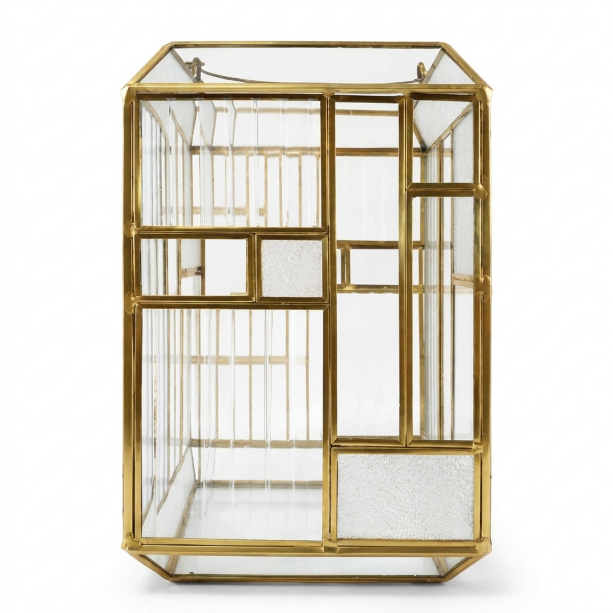 Gold metal frame and glass candle holder lantern with a classic design, perfect for decorative lighting.