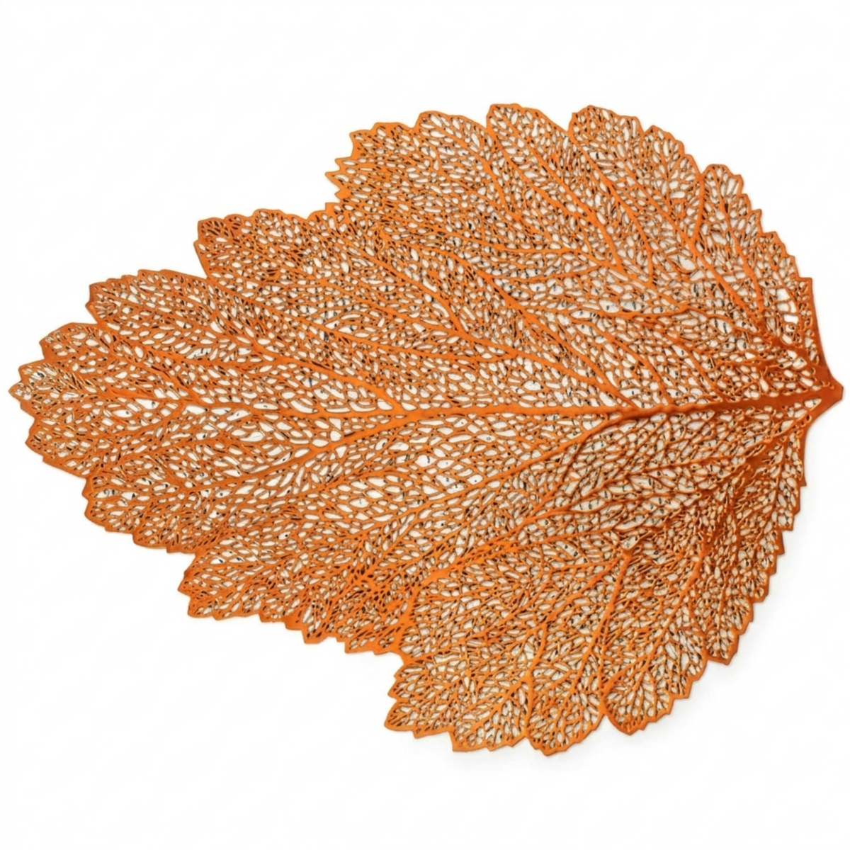 Set of six leaf-shaped cut out vinyl placemats in rose gold finish, stylish table decor from AMF023.