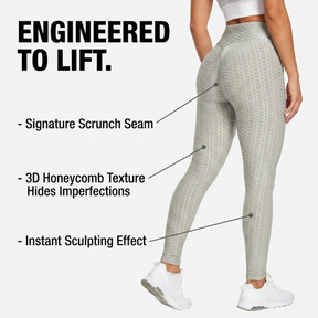 High Waist Leggings, Scrunch Booty, Textured Tummy Control - Grey & Maroon
