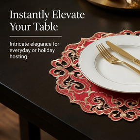 Crimson Glow burgundy and gold table doilies from RIZ-005-DL Granada Collection, 15-inch elegant home décor doilies.