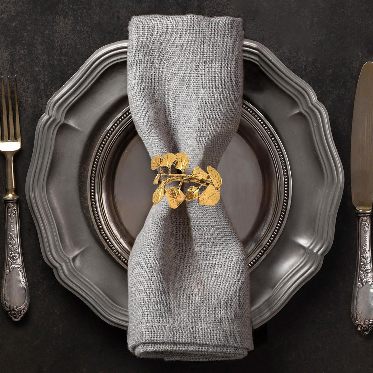 Golden Harmony gold leaf napkin rings set from YGC-006, featuring elegant decorative design for stylish dining table décor.