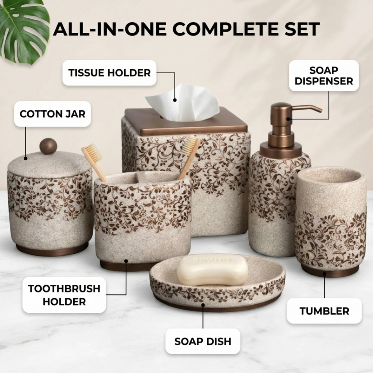 HG175 The Ciccone Collection modern bathroom décor accessories set of 6, includes soap dispenser, toothbrush holder, and matching accents.