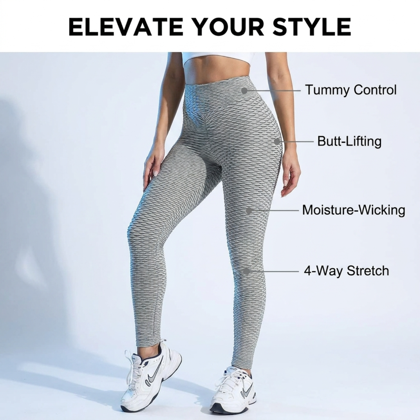 High Waist Leggings, Scrunch Booty, Textured Tummy Control - Grey & Maroon