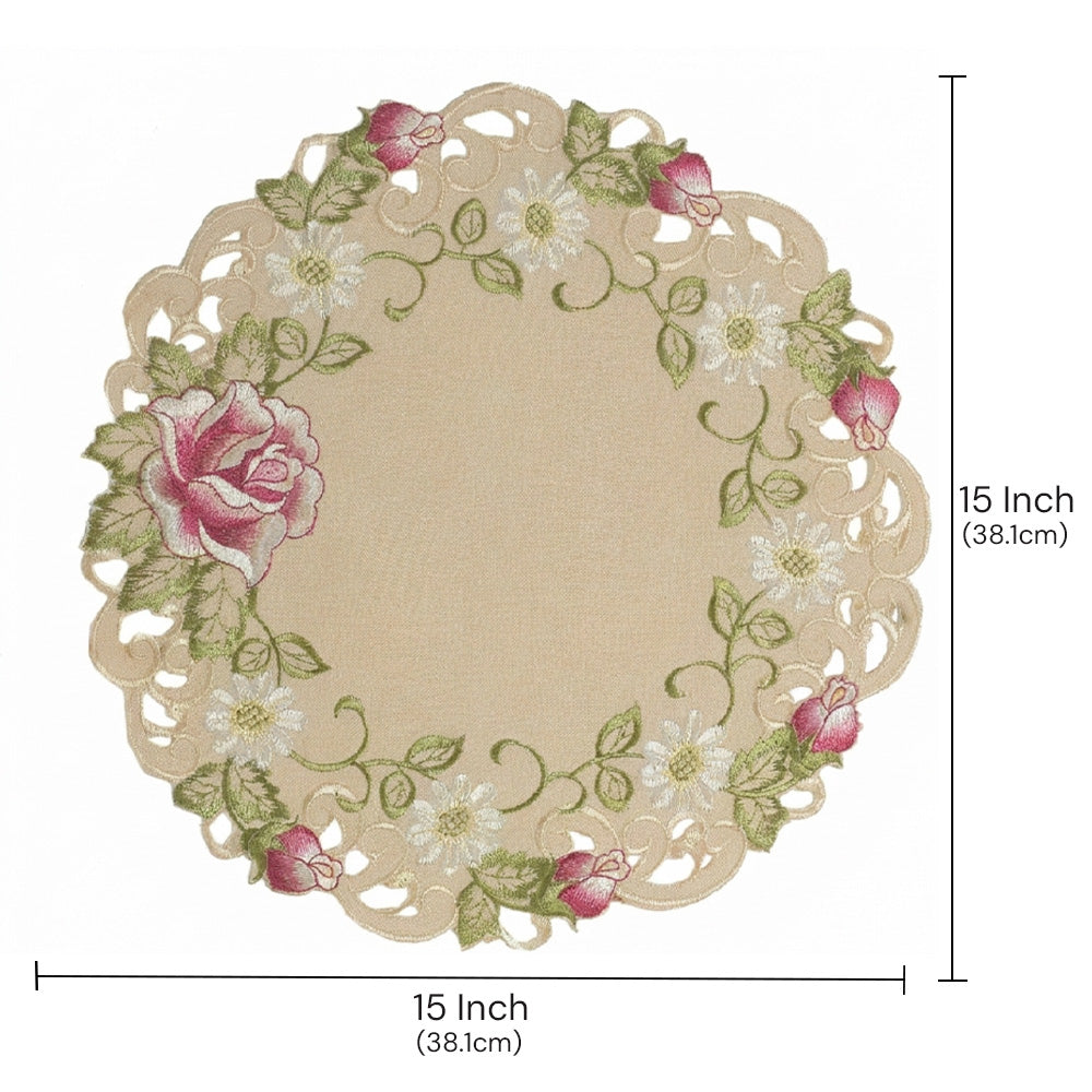 Beige Docia Sand table doilies from RIZ3127-DL collection, 15-inch elegant decorative lace for table decor.