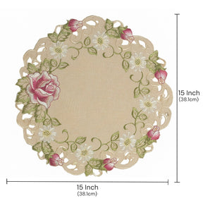 Beige Docia Sand table doilies from RIZ3127-DL collection, 15-inch elegant decorative lace for table decor.